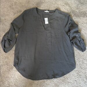 Maurice’s Gray/ Green V Neck Roll Tab Sleeve Blouse